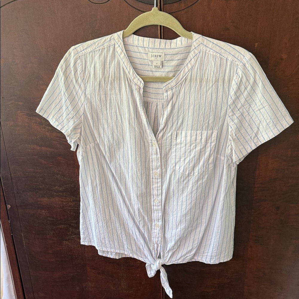 J. Crew White Shirt with Light Blue Pinstripes Tie-Front Button Down